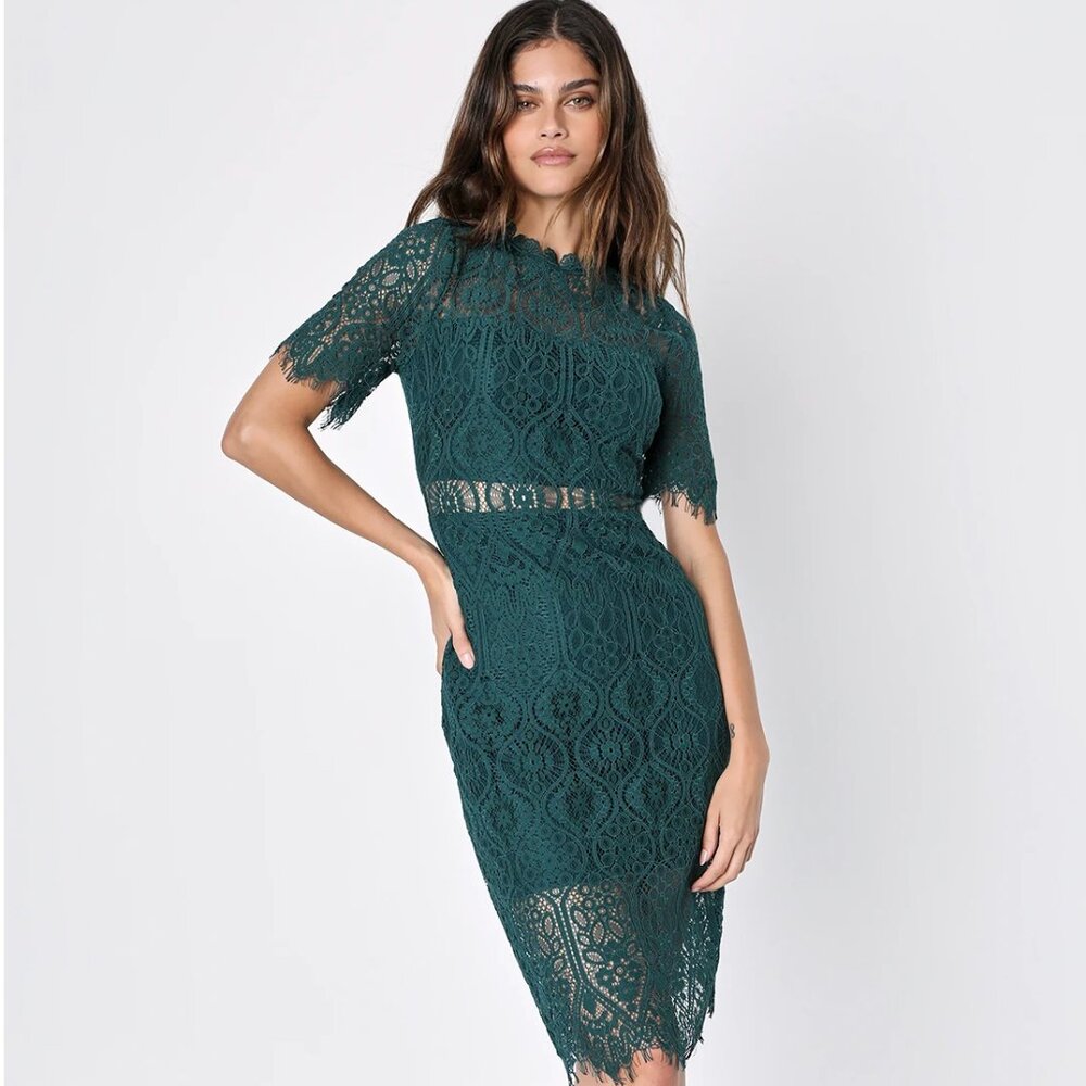 NWT Lulus Remarkable Forest Green Sheer Lace Short Sleeve Mini Dress size L